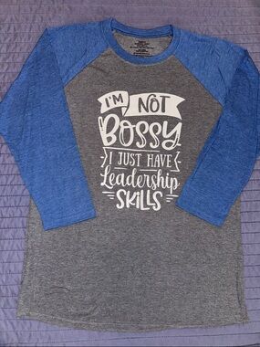 Blue & Gray Raglan Long Sleeve with White Funny Graphic